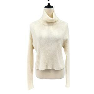 LN Knits Alpaca Wool Blend Cream White Long Sleeve Turtleneck Cropped Sweater